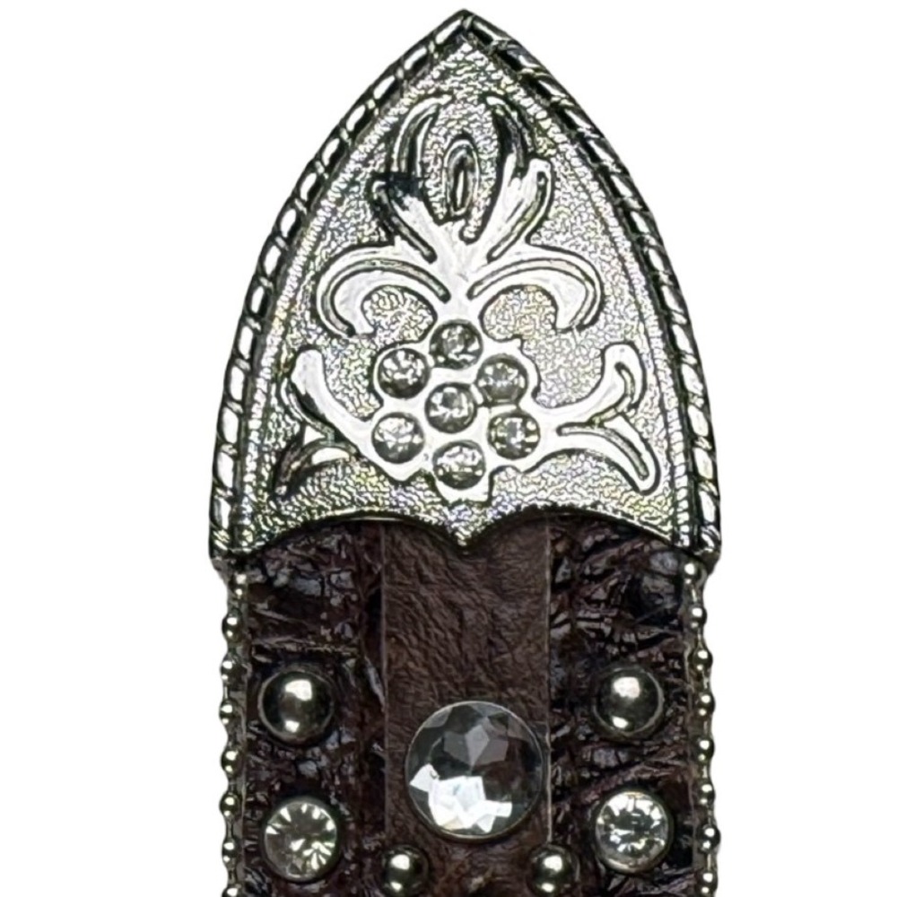 BHW Croc Leather Rhinestone Western Belt Brown Silver Floral Buckle L BHW197 - Picture 5 of 6